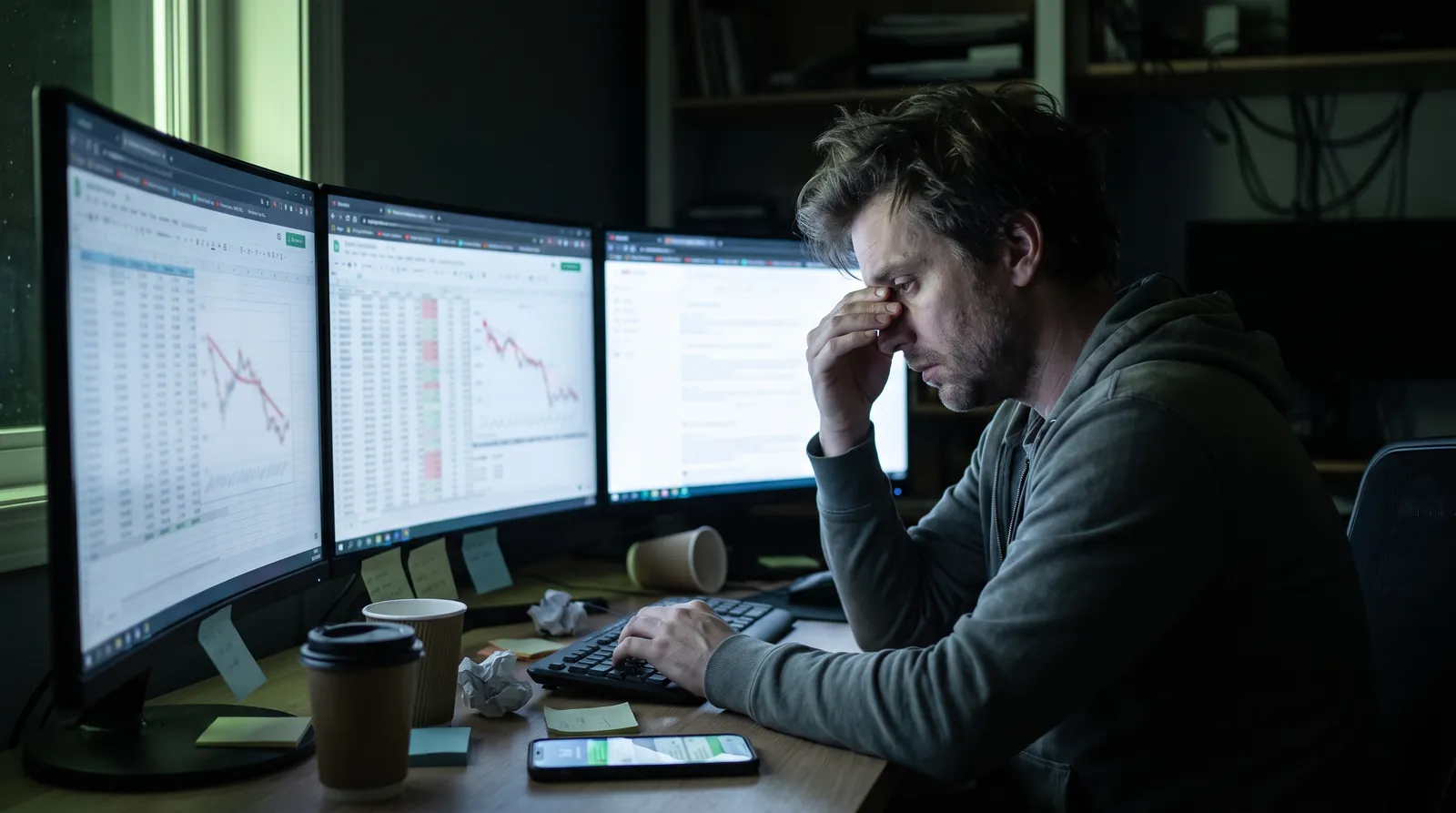 SEO-специалист ночью перед тремя мониторами с падающими графиками