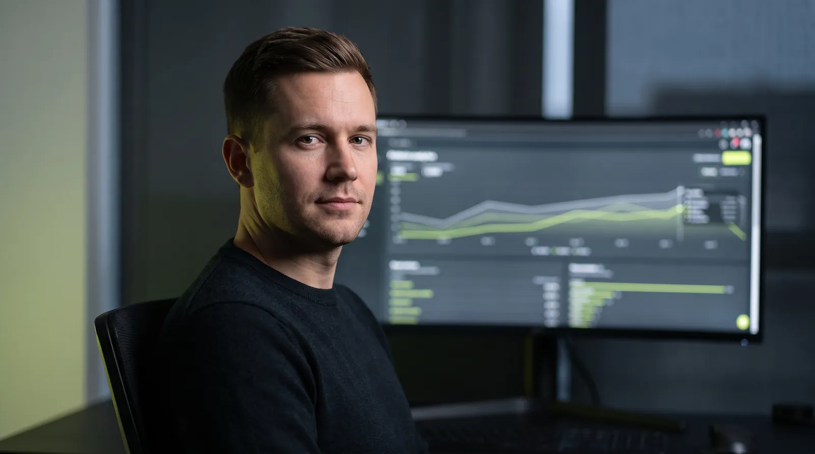 SEO-специалист в студии на фоне дашборда аналитики